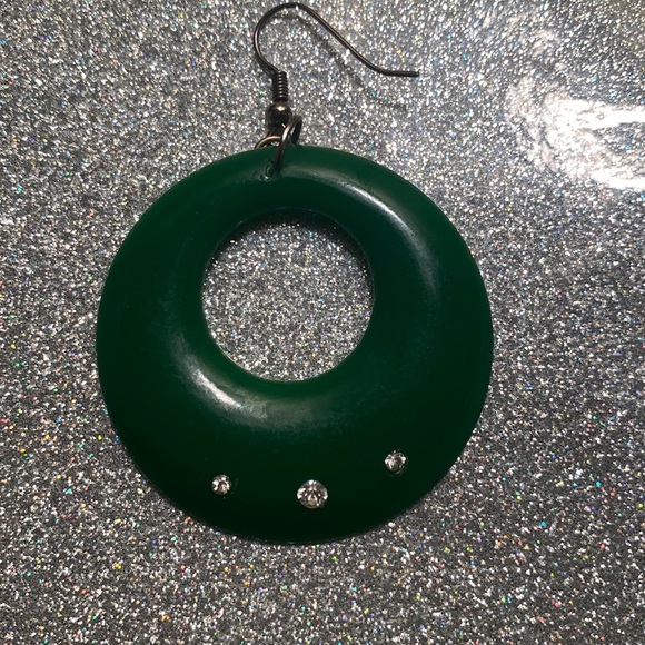 Green hoop Earrings with rhinestones. - Picture 3 of 5